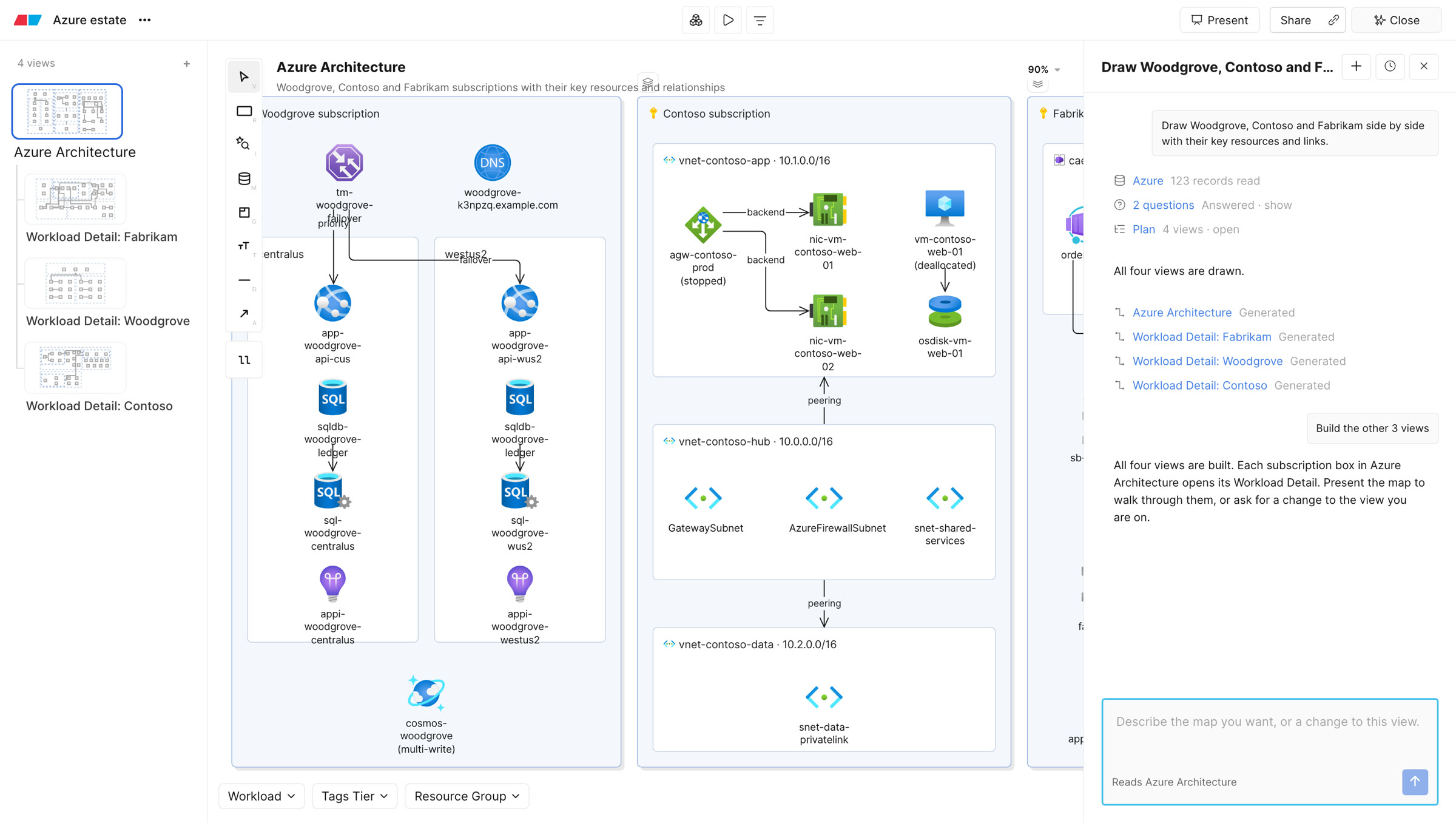 Eraser AI after building an Azure estate map: 123 records read, two questions answered, a four-view plan, and every view generated.
